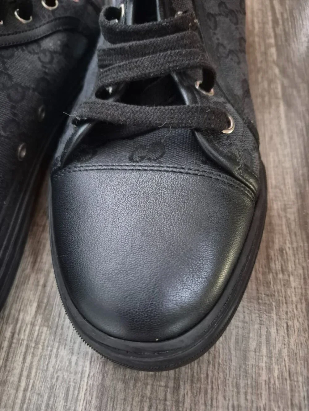 Gucci 8.5 High Lead Black Monogram Canvas Designer Lace Up City Classic Sneakers